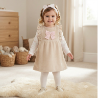 N34612:  Baby Girls Plush Fleece Pinafore Dress, Top & Headband Outfit (6-24 Months)